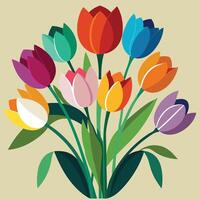 A bouquet of colorful tulips is shown on a beige background vector