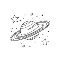 Minimalist line drawing of Saturn, a planet with rings, surrounded by stars on a white background vector