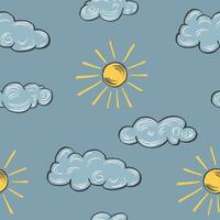 A cheerful seamless pattern featuring hand-drawn clouds and suns on a blue background vector