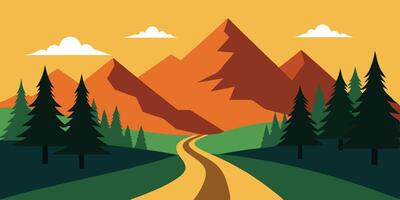 A road leading to a mountain range with trees and pine trees vector