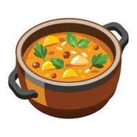 A pot of stew with vegetables and herbs vector