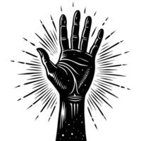 A black and white drawing of a hand with rays coming out of it vector
