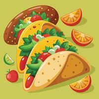 Tacos with vegetables and tomatoes on a green background vector