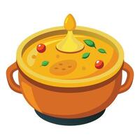 A bowl of soup with a yellow lid vector