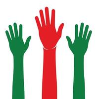 Three hands raised in the air with red and green colors vector