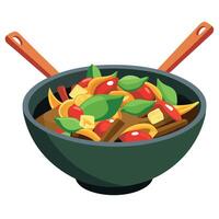 A bowl of food with two chopsticks and a fork vector