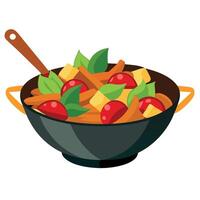 A pan with vegetables and tomatoes in it vector