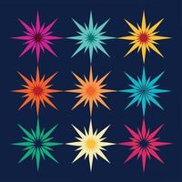 A set of colorful starburst icons on a dark background vector