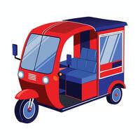 A red and blue three wheeler with a passenger seat vector