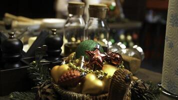 Christmas table setting on wooden, top view. Holidays background. Kitchen wooden table with Christmas decoration photo