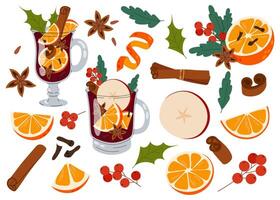 Gluhwein. Different cups of hot drink. Set of ingredients for mulled wine. Spices, orange and apple slices. Flat illustration on white background. vector