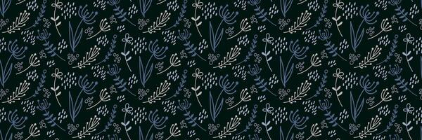 Simple floral seamless pattern with doodles flowers and leaves on the dark background. vector