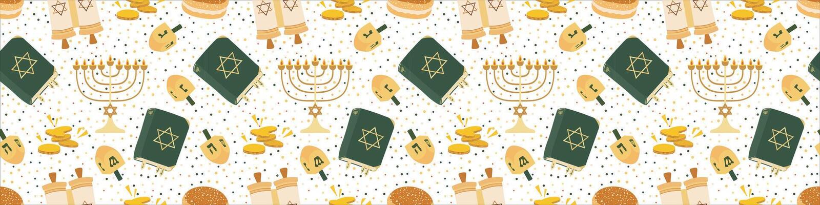 Hanukkah Jewish seamless pattern with Menorah, Torah, Star of David, dreidel, coins and Sufganiyah. Holiday endless background.