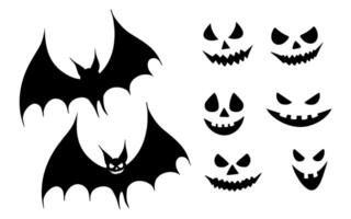 Sinister laughing Halloween bat silhouette illustrations and different faces. Graphic monochrome drawing. Hand drawn outline sketch, engraved illustration. For Halloween party invitation, banner vector