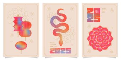 Set of 2025 Chinese new year, year of the snake posters cards template design with gradient snakes, beautiful flower and lanterns background. Hieroglyph translation - Snake vector