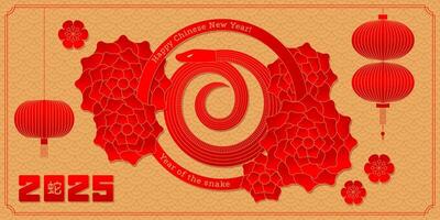 Happy Chinese new year 2025 card with the snake, flowers, lanterns, pattern, asian elements. Red,gold paper cut style on color background. Translation - snake vector