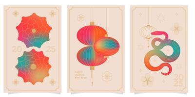 Chinese New Year design cards set. 2025 year of the Snake. Eastern Lunar new year concept. Geometric modern silhouettes with abstract forms, gradients, snake. Design for calendar, cover, flyer. vector