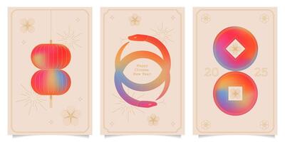 Chinese new year 2025 year of the Snake greeting cards set. Gradient silhouettes Snake illustrations. Modern designs with snakes, lantern, coins. Lunar new year geometric concept vector