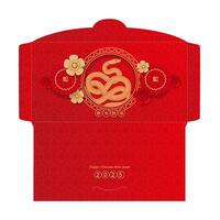 Chinese new year 2025 lucky red envelope for the year of the Snake. Traditional money pocket with flowers and paper parasols. Translation - happy new year, snake. Paper cut style. template vector