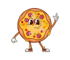 Groovy fast food pizza character celebrates party vector