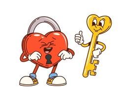 Groovy valentine heart lock and key characters vector