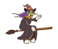 Groovy Halloween witch character flying on broom vector