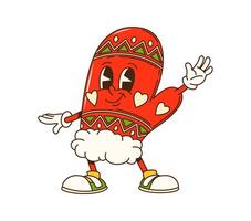 Cartoon groovy Christmas mitten retro character vector