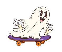Groovy Halloween ghost character on skateboard vector