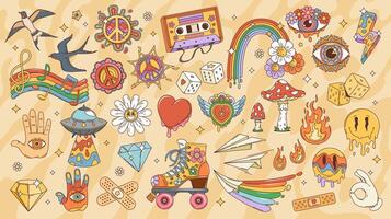 Retro cartoon groovy hippie symbols and elements vector
