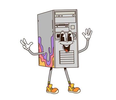 Cartoon groovy computer PC case retro character vector