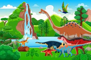 Prehistoric landscape with dinosaurs and waterfall vector