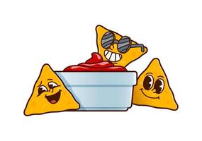 Groovy fast food nachos chips characters and salsa vector