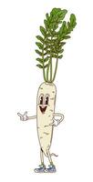 Groovy daikon vegetable retro character pointing vector