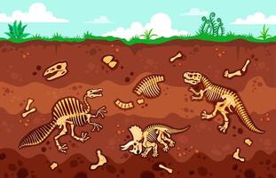 Dinosaur fossil in soil, paleontology excavation vector