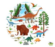 Prehistoric ice age cartoon dinosaurs characters vector