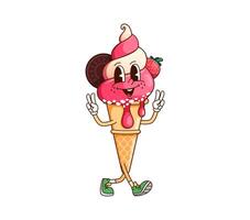 Playful cartoon groovy ice cream cone character vector