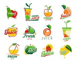 Fresh juice icons, fruit drink and smoothie labels vector