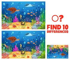 Kids game worksheet, ten differences on underwater vector
