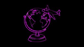 Neon frame effect, Globe with an airplane on black background video
