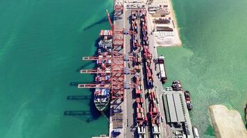 Cargo ship navigating toward a loading dock at an industrial harbor, preparing for container operations, highlights the effectiveness of maritime logistics and global trade video