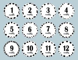 12 months black and white stickers for the baby. Different geometric patterns. Graphic design. vector