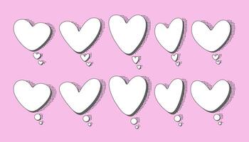 White empty think bubbles in various heart shapes with shadows. Graphic design. vector