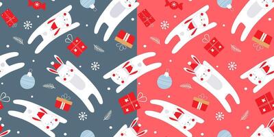 Seamless pattern with cheerful hopping rabbits in hats on a background of gifts and snowflakes. Winter holiday cute print. vector