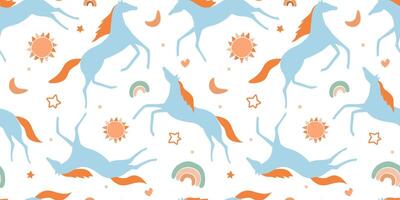 Seamless pattern with abstract horses on a background of rainbow, sun, moon, stars. Fairytale children's print. vector