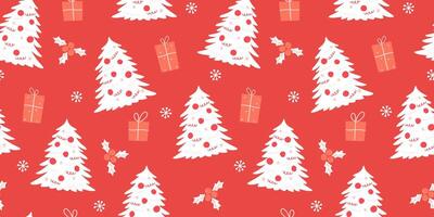 Seamless pattern with a monochrome winter print with decorated fir trees, gifts, snowflakes. vector
