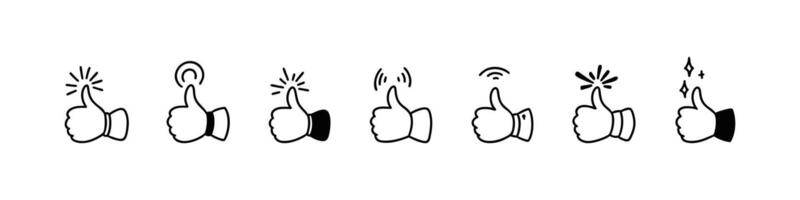 Thumb up cute line doodle icons set. Good expression. Hand sketch illustration. Social media comment, post like, rate symbol. Customer positive feedback. Raised finger vector