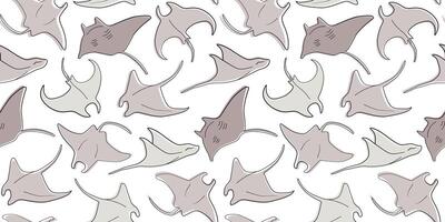 Seamless pattern with lined silhouettes of stingrays. Sea fish print. vector