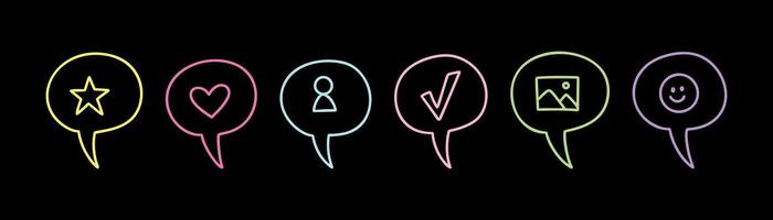 Colorful cute line doodle kid dialog bubbles. School childish text speech box. Social media reaction, like, follow symbols. Neon acid hand drawn elements. Crayon scribble vector