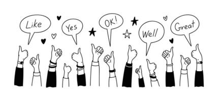 Hands up doodle background. Social media post like. Online messaging. People communication and network. Effective teamwork. Speech bubble with like, yes, ok, well, great words vector
