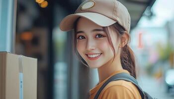 A woman in a hat smiles while holding a box photo